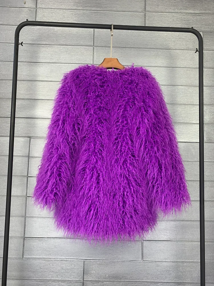 Mongolia Sheep Fur Women Medium Long Coat Jacket Colorful Warm Faux Fur Plush Coats Female Jacket Autumn Winter Furry Outerwear