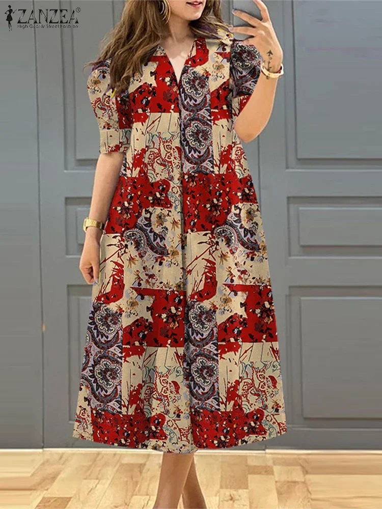 2025 ZANZEA Women Summer Printed Dress Fashion V-neck Midi Sundress Vintage Puff Short Sleeve Robe Holiday Bohemian Dresses