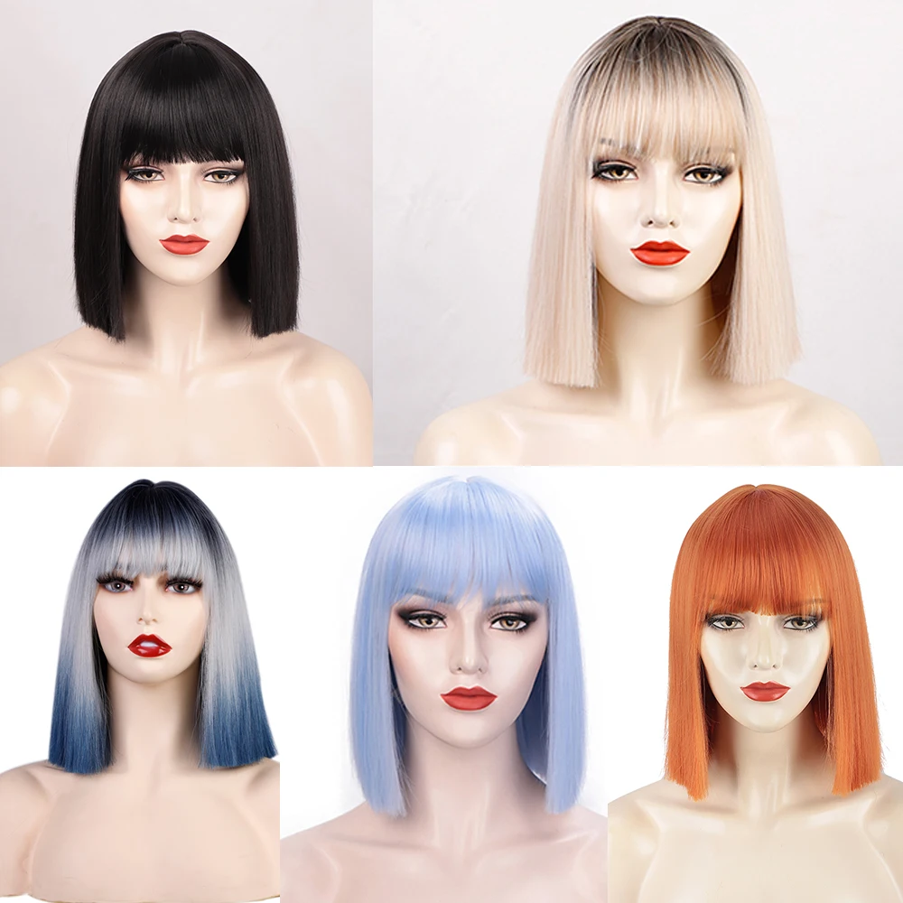 I\'s a wig Synthetic Wigs Short Straight Black Wig with Bangs Bob Wigs for Women Pink Red Purple Brown Cosplay Hair for Daily Use