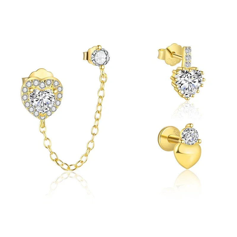 

INZATT 1 Piece Real 925 Sterling Silver Zircon Heart Chain Mini Stud Earrings for Women Cute Fine Jewelry 18k Gold Accessories