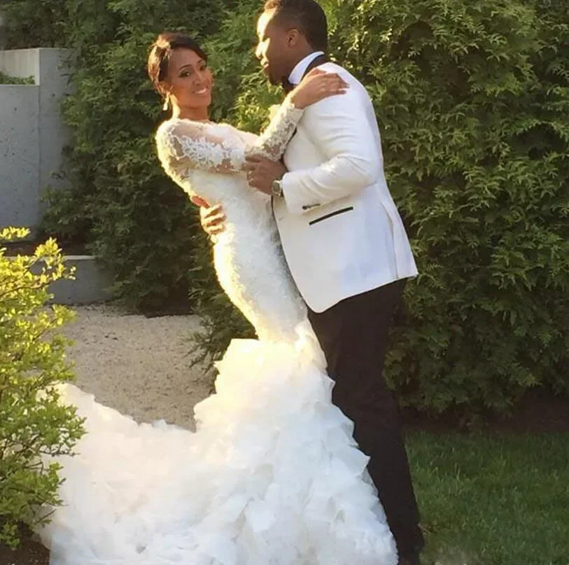 Customized African Mermaid Tiers Layers Wedding Dresses Romantic Appliqued Long Sleeve Lace Wedding Gowns Bridal Gowns Vestid