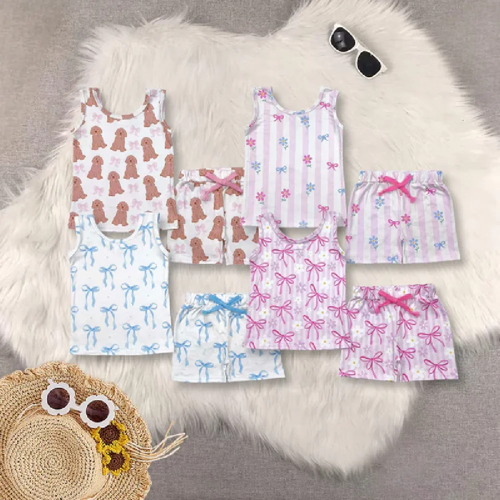 

Sibling Baby Girls Sleeveless Bows Dogs Flowers Top Short With Belt Sets