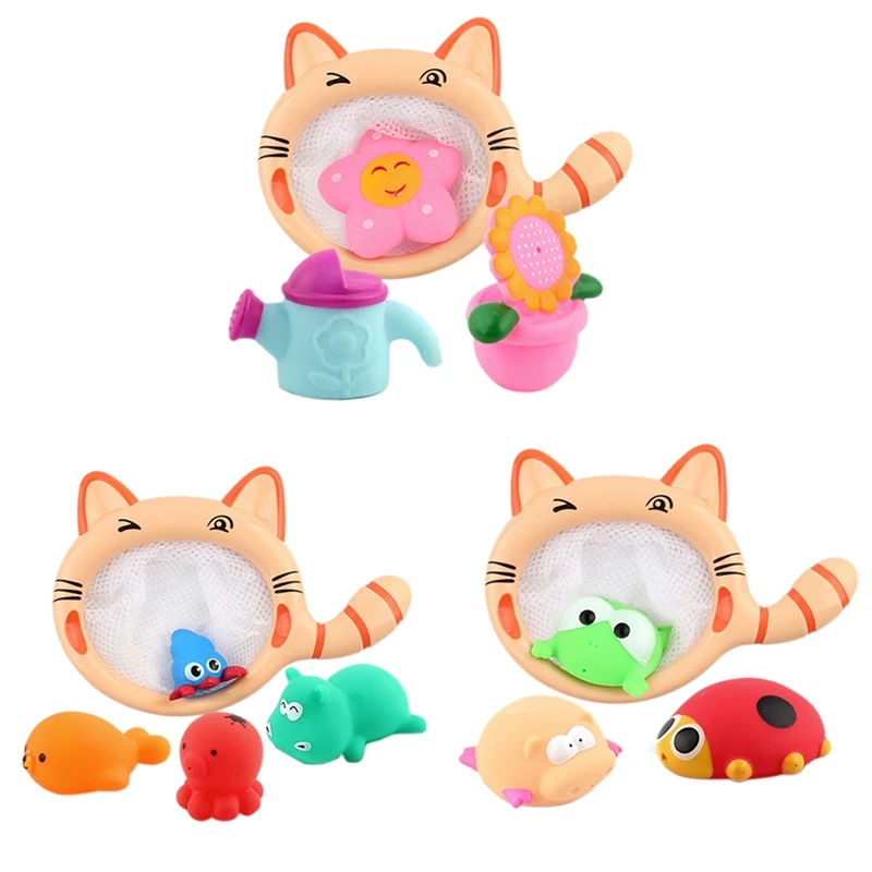 Hot Sale Fishing Toy Cartoon Animals Cat Shark Net Bag Pick Up Ocean Ball Swimming Play Water Bath Toy Gifts For Children Baby