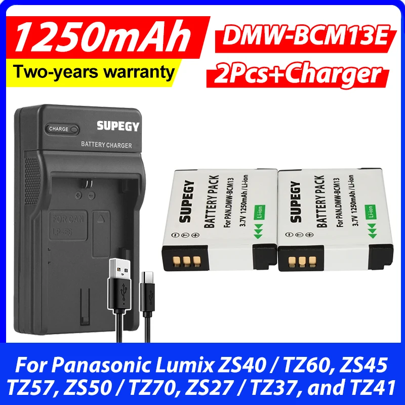 2X DMW-BCM13E DMW-BCM13 BCM13 Battery + Charger for Panasonic Lumix ZS40 / TZ60, ZS45 / TZ57, ZS50 / TZ70, ZS27 / TZ37, and TZ41