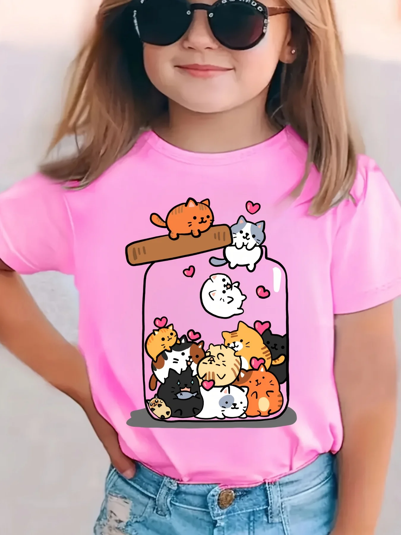 Cute Jar Kitten Family Matching Cotton T Shirts Crew Neck Short Sleeve Casual Summer Tees For Mom Dad Boys Girls Daily Tops