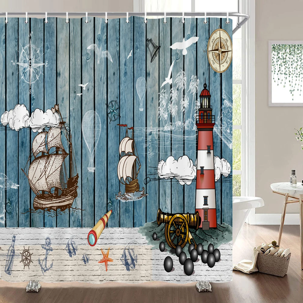 

Retro Mediterranean Sailing style Shower Curtain Waterproof Polyester Bathroom Curtain Cute Cartoon Room Decor Curtain With Hook