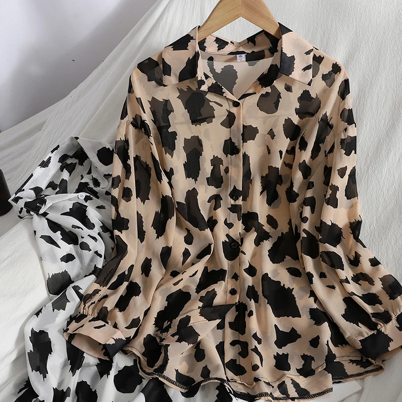 

Leopard Print Shirt for Women Spring Summer Zebra-stripe Printed Chiffon Shirt Fashion Long-sleeved Loose Blouse Shirts