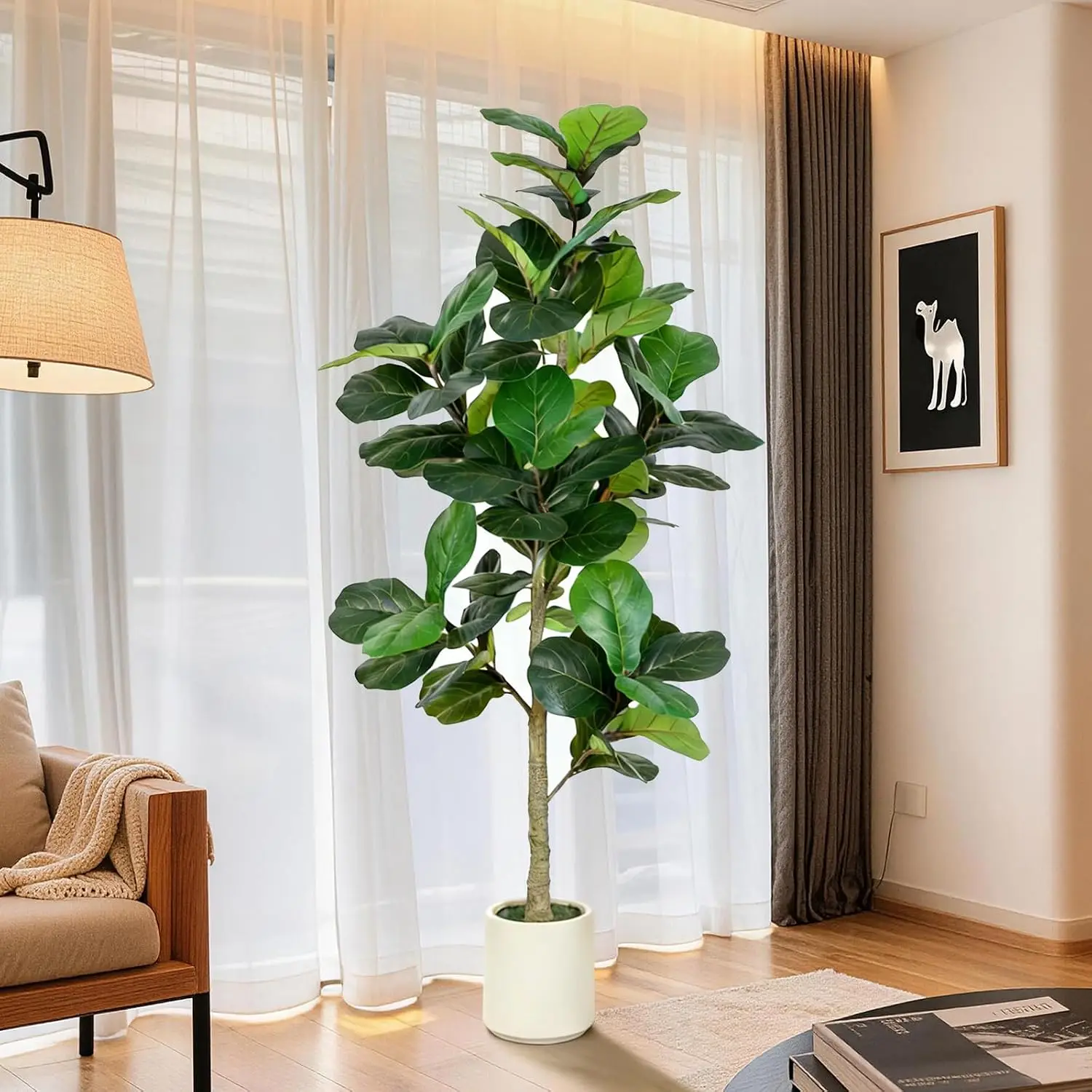 6FT Fiddle Leaf Fig Artificial Tree with White Planter Pot,Faux Floor Plant, Indoor and Outdoor Fake Plants for Home Office