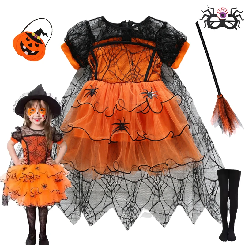 

2-7Y Halloween Witch Cosplay Party Dress Cute Spider Mesh Cape Clothes Halloween Costumes for Baby Carnival Party Gifts