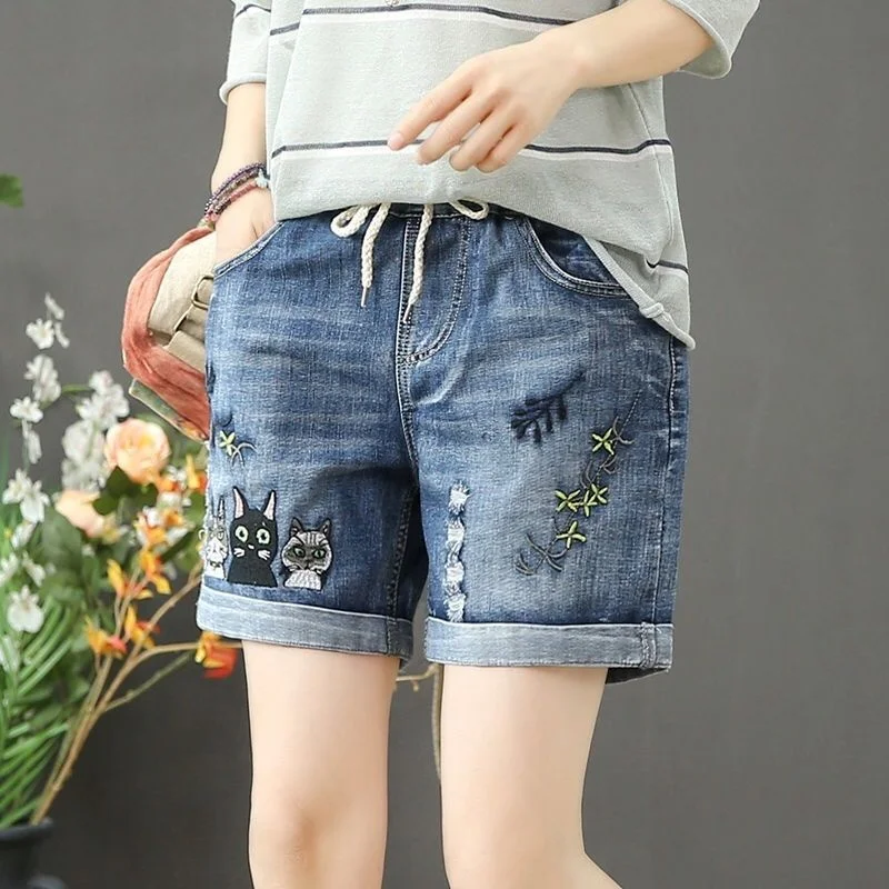 Women\'s Loose Elastic Waist Embroidered Denim Shorts Summer Slim Casual Hole Straight Short Jeans For Women Harajuku Bottom