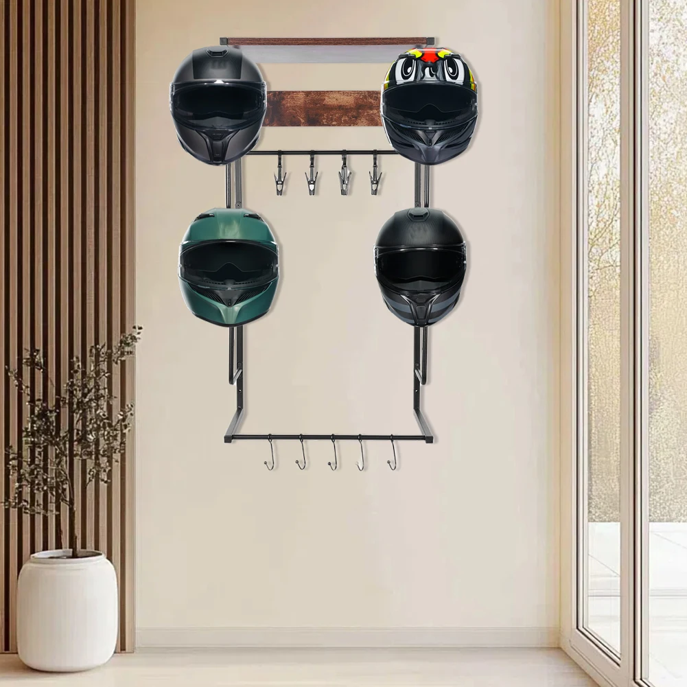 Motorcycle Helmet Stand 4 Clip and 4 Hooks Moto Helmet Hanger Wall Mount Versatile Storage for Storing Motorcycle Accessories view 4