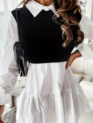 Fashion Patchwork Shirt Dress Office Ladies 2023 Autumn Winter Long Sleeve Women's Dress Casual Ruffles White Black Dresses