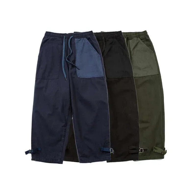 Japanese Style Personalized Color Block Splicing Elastic Waist Loose Men's and Women's Bamboo Cotton Casual Pants Trendy