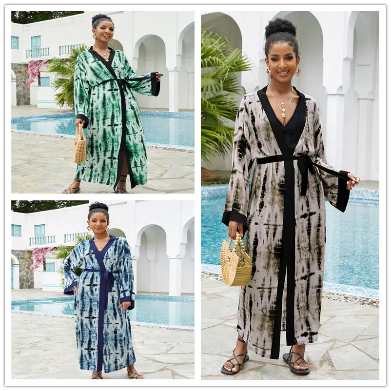 

New Tie-dye Print Kaftan Bikini Cover-ups Casual V-neck Maxi Beach Dress Women Cardigan Summer Beach Wear Swim Suit Cover Up