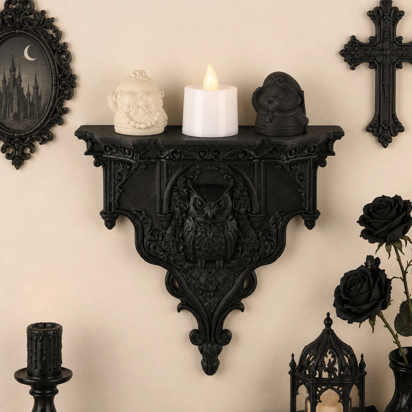 Vintage Gothic Owl Wall Mount Shelf, Plastic Ornate Floating Rack for Dark Academia Witchy Room Decor