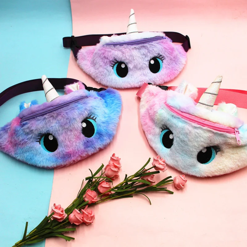 Cute Unicorn Children's Fanny Pack Girls Waist Bag Kids Plush Toys Belt Gradient Color Anime Cartoon Coin Purse Travel Chest Bag