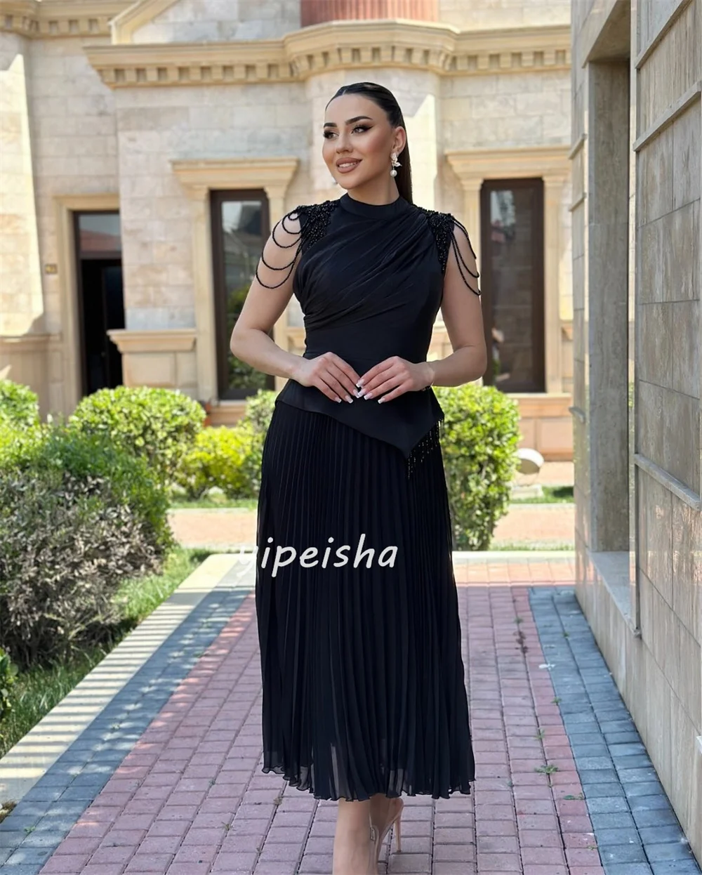 カスタマイズされたエレガントなマッチングシフォンビーズプリーツストレートハイカラーアンクル丈ドレスオーダーメイドオケージョンドレスクラシック