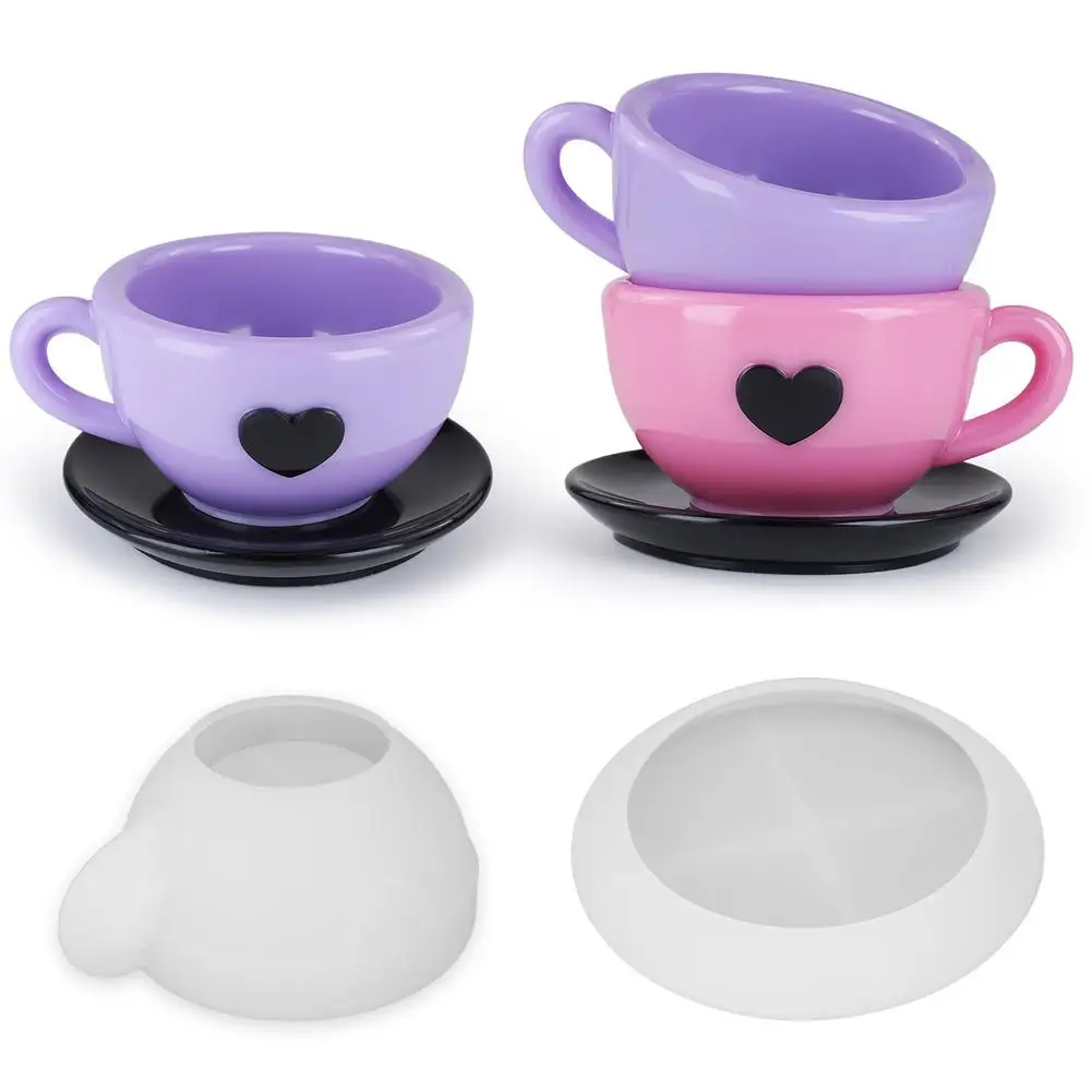 3D Love Heart Teacup Silicone Mold DIY Handmade gypsum Coffee Cup Cement Epoxy Milk Cup Home Mold Decor Saucer Mold Resin G P6S1