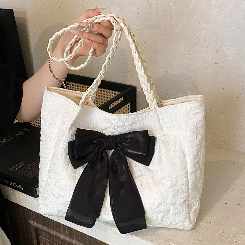 

Solid Colour Casual Girls Canvas Bag Cute Bow Decorative Large-capacity Tote Bags Students Campus Commuting One Shoulder Bag