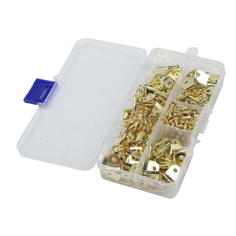 100Pcs Metal Triangle D-Ring Picture Frame Hooks with Screws for Hanging Photos Paintings Posters Mirrors Wall Decorations Gold