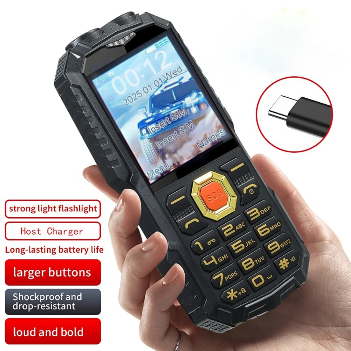 Rugged Feature Cell Phone Retro Button Cell Phone No Apps Big Battery Strong Flashlight Loud Speaker SOS Backup 2G Mobile Phone
