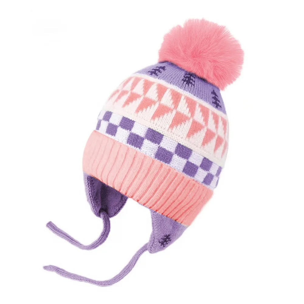 

Cute Jacquard Baby Knitted Hat Hairball Warm Children Beanies Cap Fleece Wool Ear Protection Kids Earmuffs Cap Boys