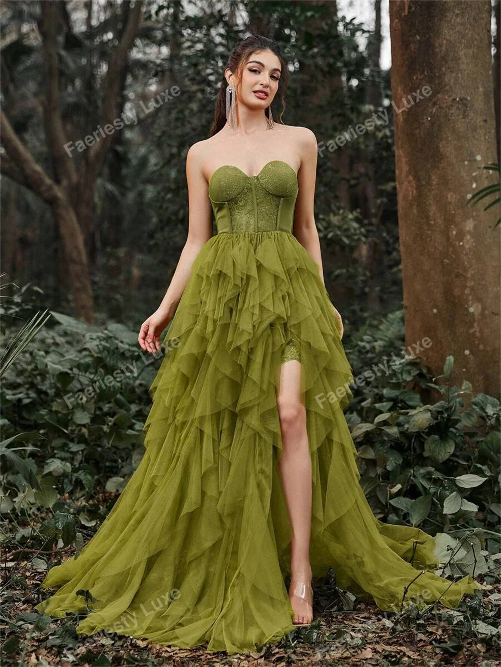 Sansa Green Tulle A-line Strapless Prom Dresses Side High Split vestidos de noche Elegant Floor-length Sleeveless Formal Evening