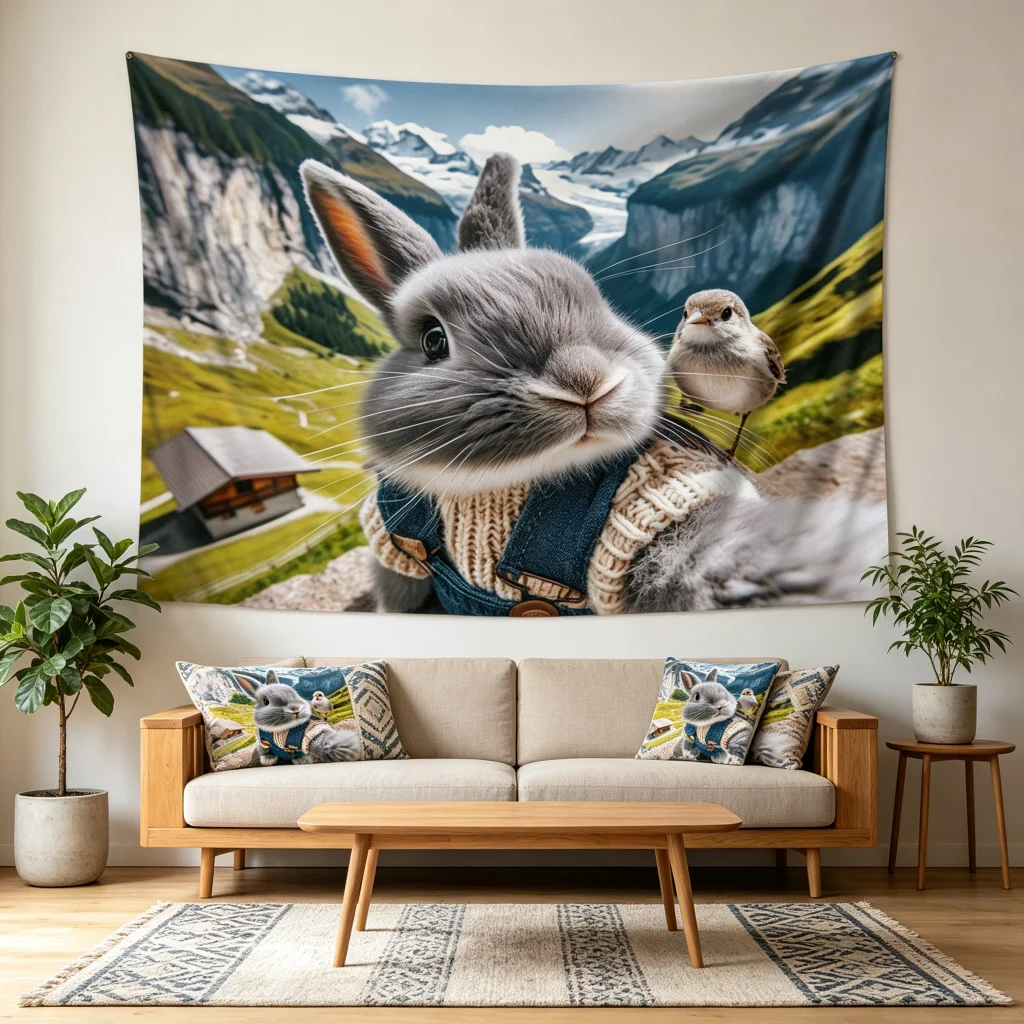 1PC Bunny Bird Snow Mountain View Print Backdrop Banner, Bedroom Living Room Photo Background, Polyester, Home Decor, Wall Art