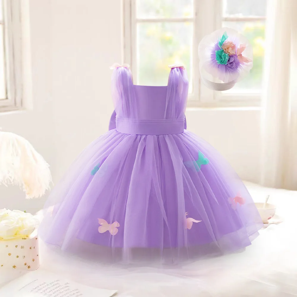 2pcs Girls Purple Butterfly Tulle Party Dresses Baby Princess Dress Girl Sleeveless Tutu Gown Toddler 1st Birthday Formal Wear