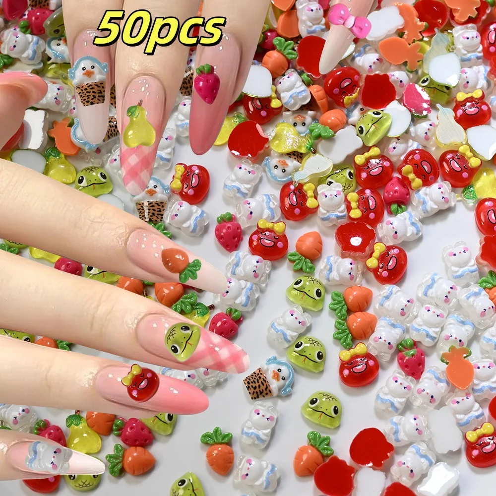 50 ชิ้น 3D มินิเป็ดงูกระต่ายเล็บอาร์ตชาร์มน่ารักการ์ตูนสัตว์/ผัก/ผลไม้เล็บ DIY แต่งเล็บมือและเล็บเท้า