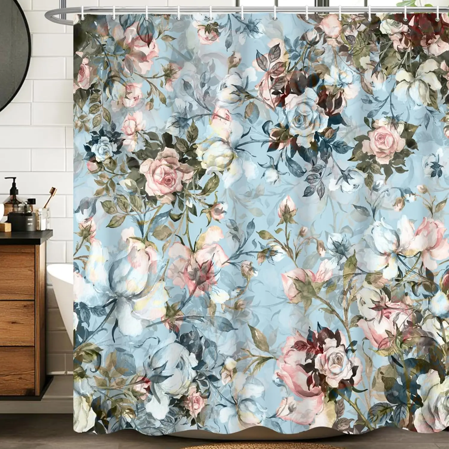 

Винтажная шторка для душа с розовым цветочным узором на синем фоне, романтический садовый стиль, водонепроницаемая, декоративная, для ванной комнаты