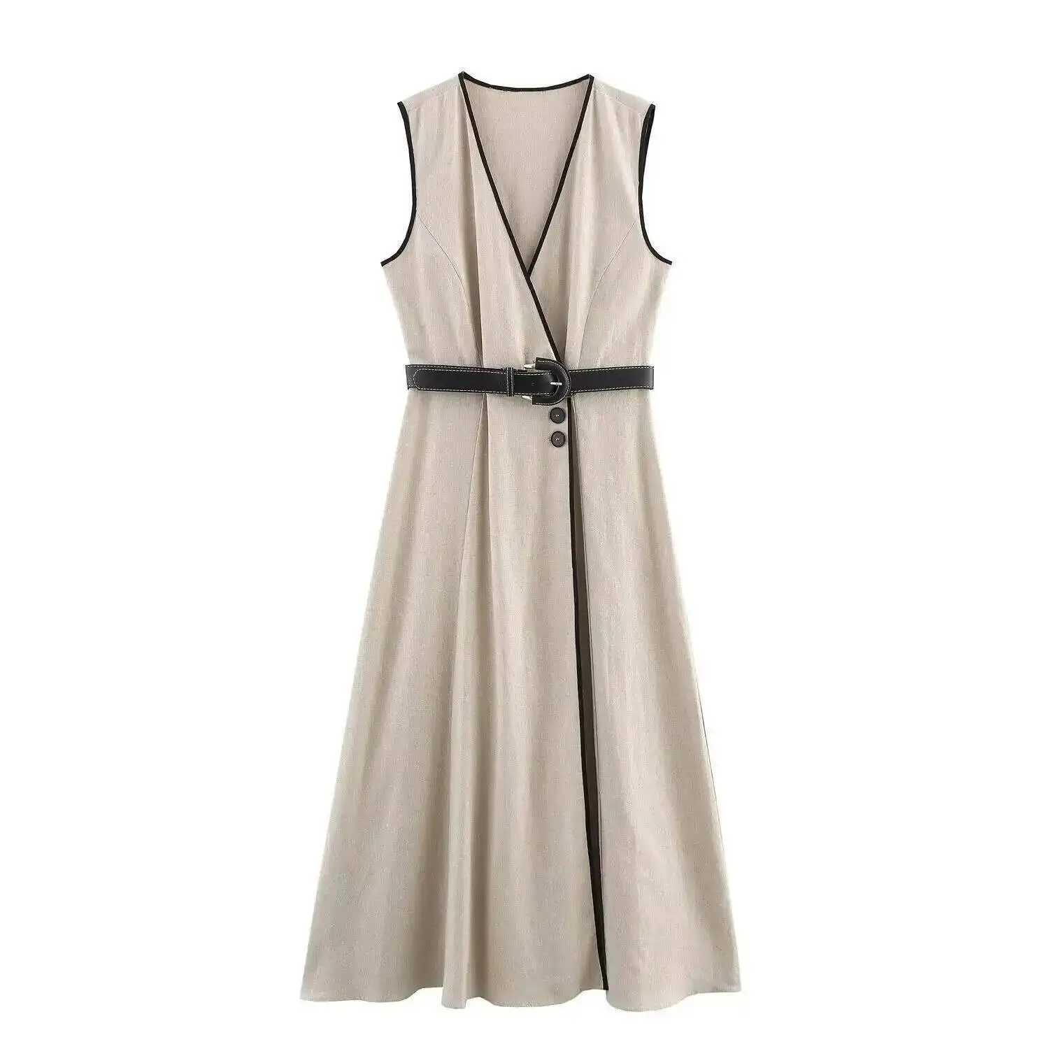 2025 Summer New Product Women's High End Casual And Fashionable Simple With Belt Sleeveless V-neck Medium Length Dress NR6Z
