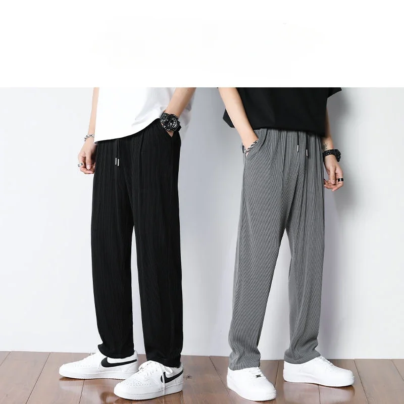 Summer White Casual Pants Men's Ice Silk Pants Men's Drape Floor Mop Pants  Korean Straight Loose Wide Leg Long Pants