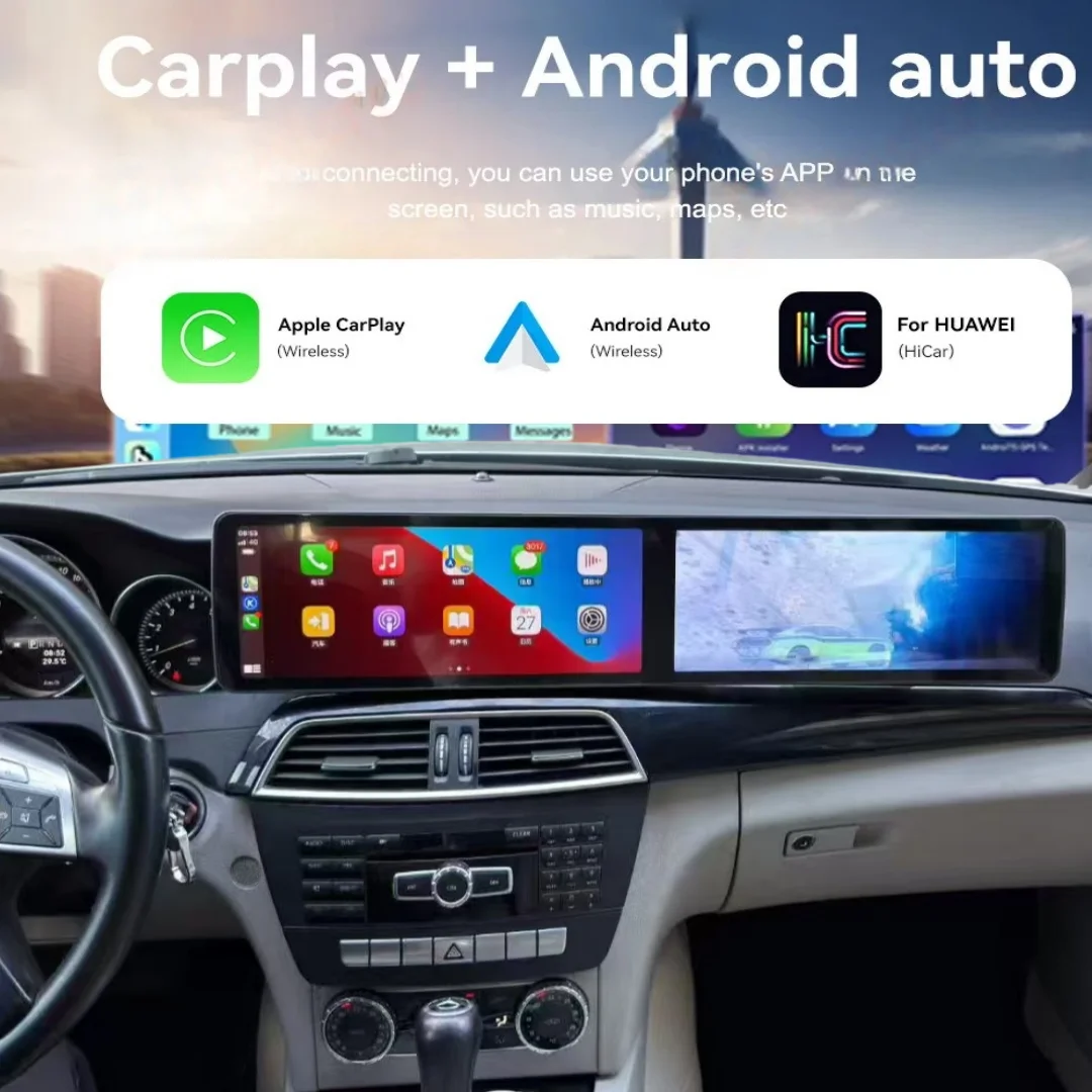 25.6 Inch Dual Screen Android Wireless CarPlay For Mercedes Benz C Class W204 2011-2014 MultimediaPlayer Bluetooth Media LHD RHD