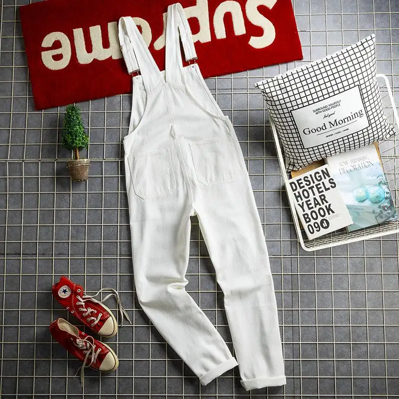 Fashionable Slimming Washed White Straight Leg Jeans Overalls Men's Versatile Loose plus Size Jumpsuits Casual Breathable