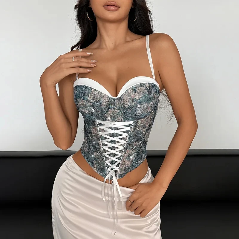 

Floral Corset Top for Women Spaghetti Strap Bustier with White Lace Up Ribbon Detail Sweetheart Fitted Going Out Tops