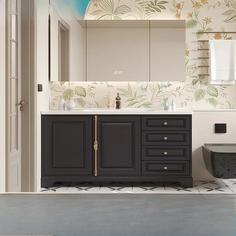 newFrench oak retro bathroom cabinet combination bathroom ceramic integrated basin washbasin floor-to-ceiling luxury stone