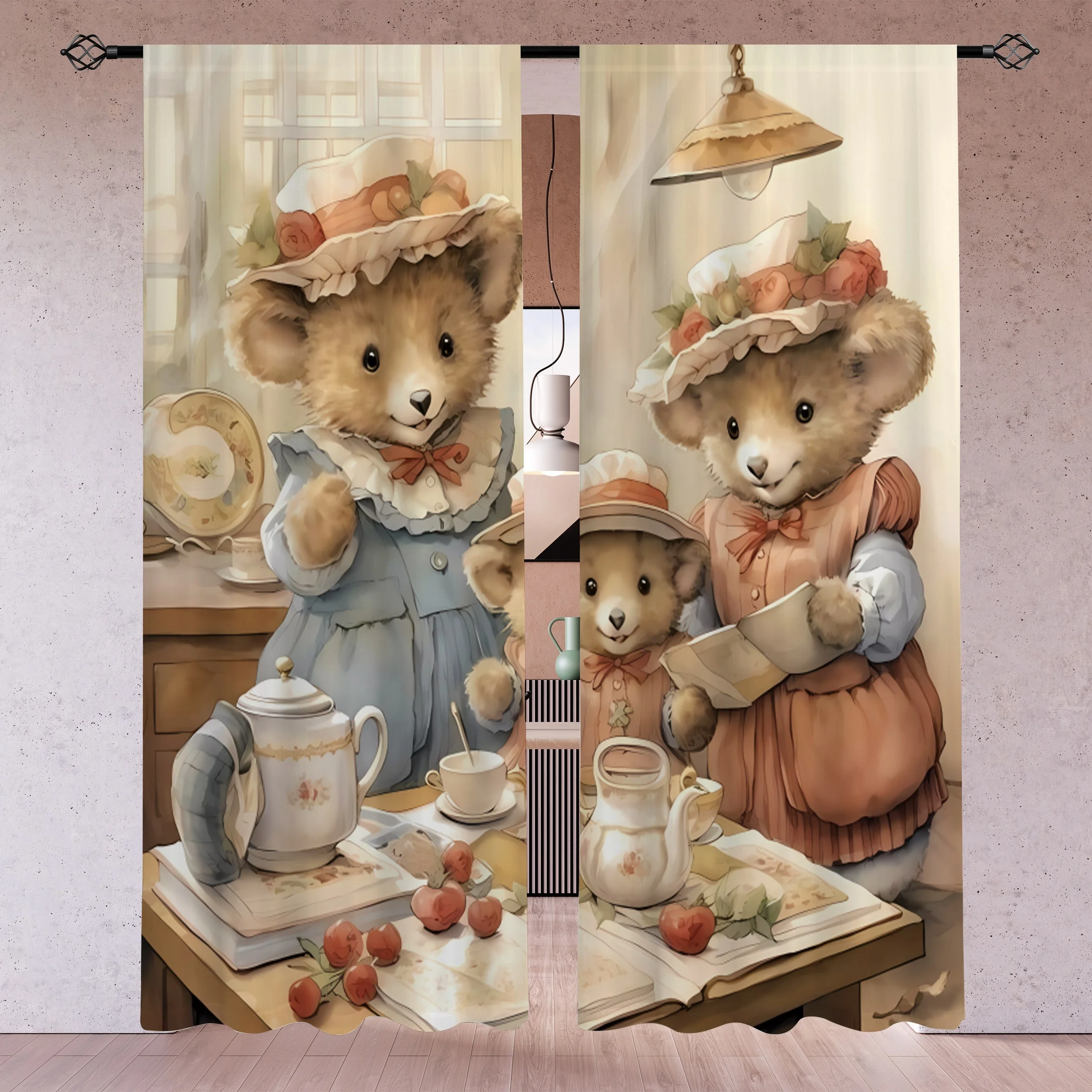 Vintage Teddy Bear Family Tea Party Curtains, Cute Cartoon Animal Print Blackout Drapes for Kids Room Nursery, Retro Home Decor