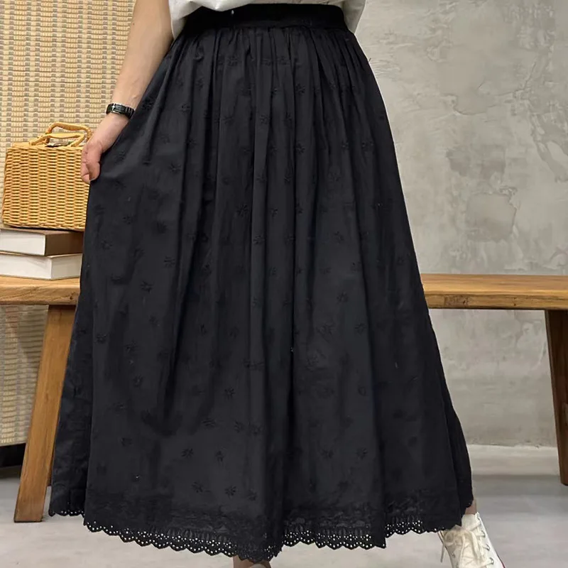 New Spring Cotton Retro Skirt Women A-Line Embroidery Lace Loose Skirt Girl Sweet Fashion Skirt 2024 Summer B43983QM