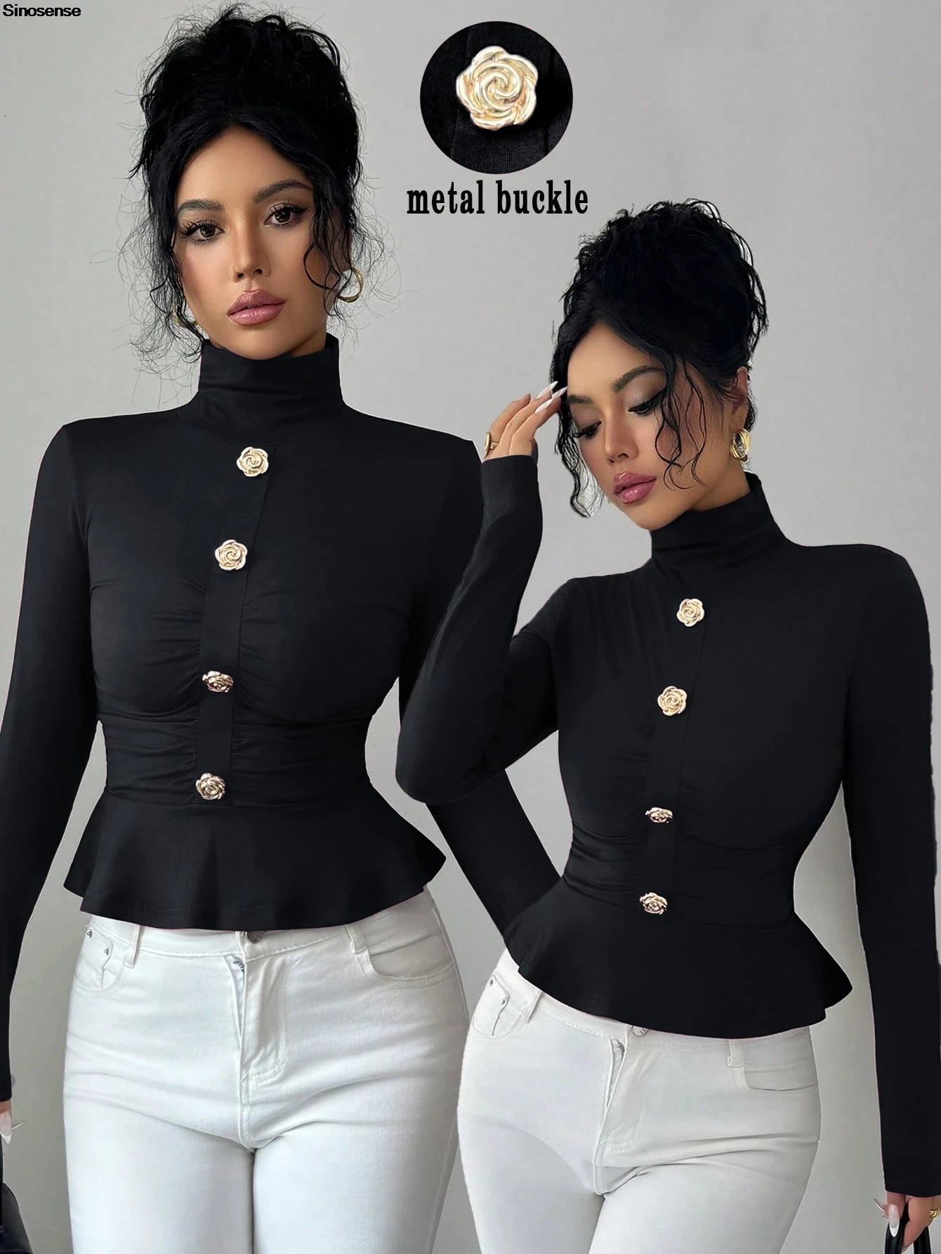 

Womens Mock Turtleneck Tops Long Sleeve Shirts Rose Metal Buckle Decor Ruched Going Out Street Date Night Club Party T Shirts
