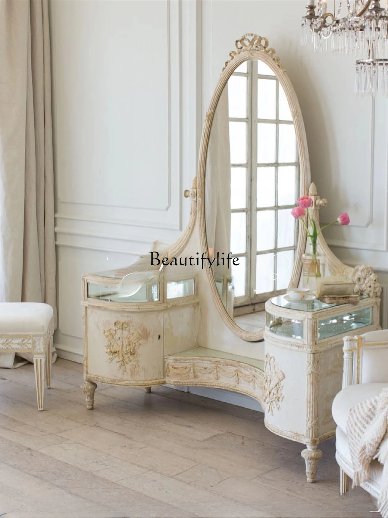 

European French Retro Vintage Hand-Carved Large Storage Full-Length Dressing Mirror High-End Furniture