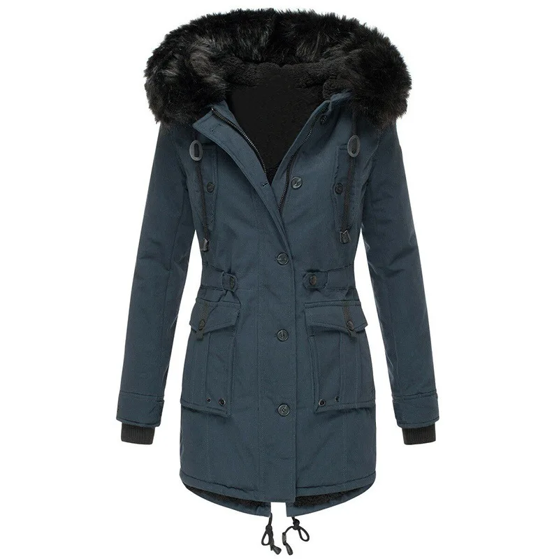 Katoenen jas Dames Parka's Jas Dikke bontkraag Zakken met capuchon Trekkoord Enkele rij knopen Winddichte bovenkleding Overjas Winter