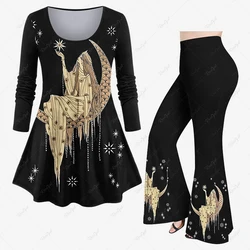 Autumn 2023 New For Women Moon Star Tassle Goddess Printed T-shirt Or Disco Flare Pants Daily Casual Vacation Party Matching Set