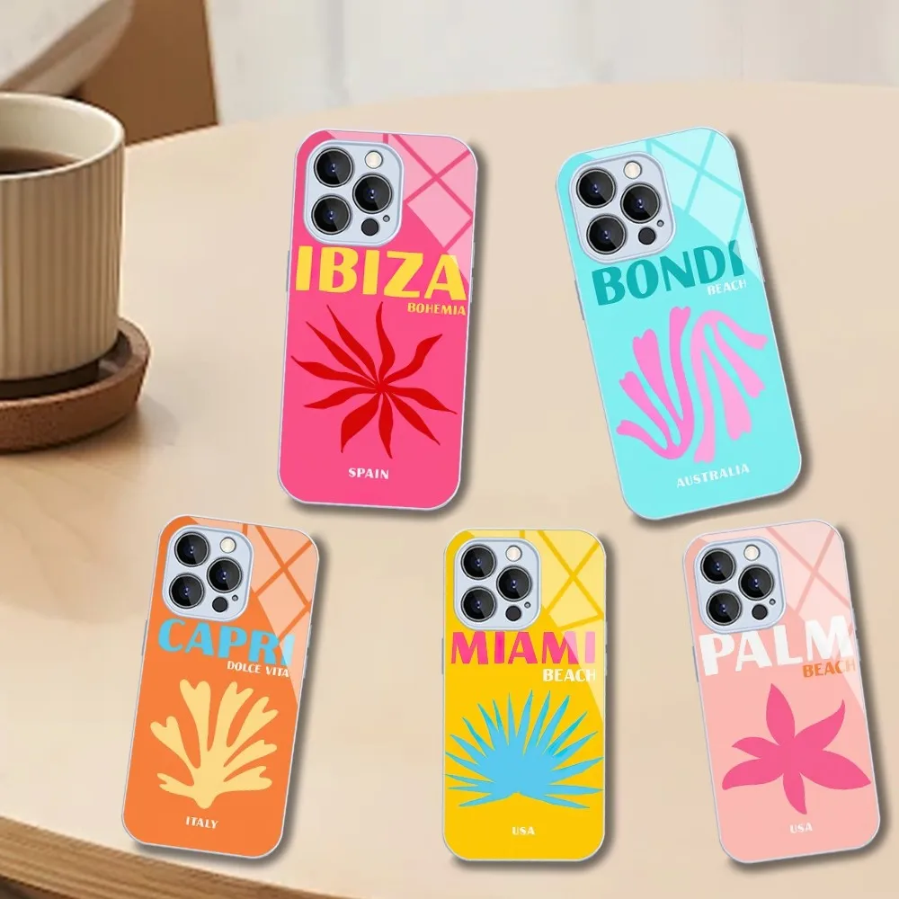 Bali Ibiza Capri Bondi Palm Phone Case For iPhone Mini 11 12 13 14 Pro XS Max X Plus SE XR Tempered Glass Cover