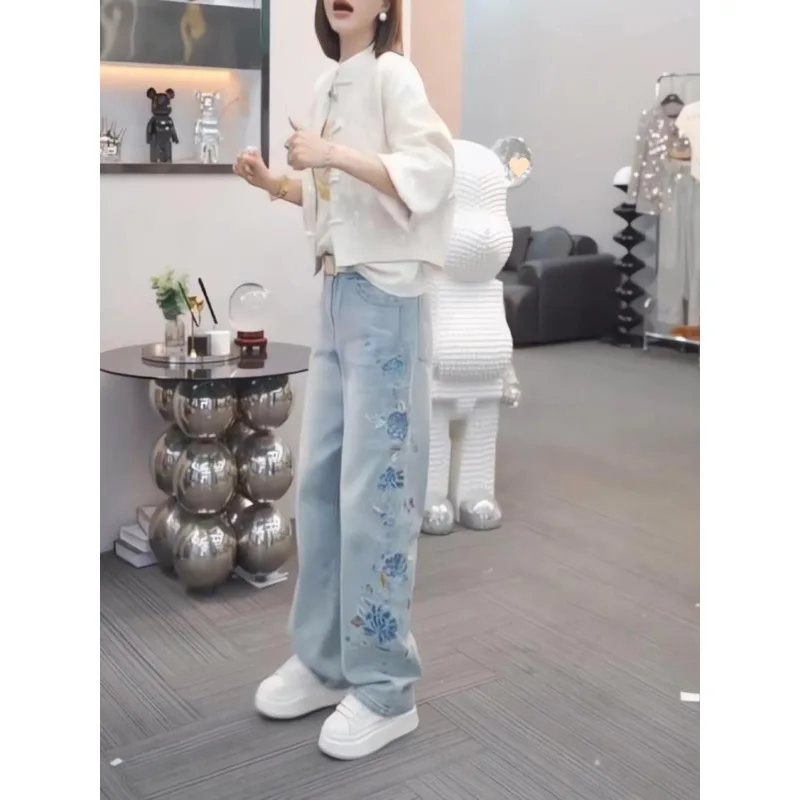 Women's New Chinese-Style Embroidered Jeans2024Spring and Summer New All-Matching Slimming National Style Straight-Leg Pants Des