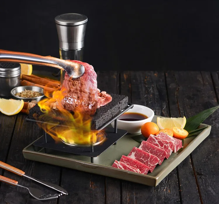 Mini barbecue grill volcanic rock baking pan iron rack stove steak beef plate slate tableware single table BBQ Creative hotel ov