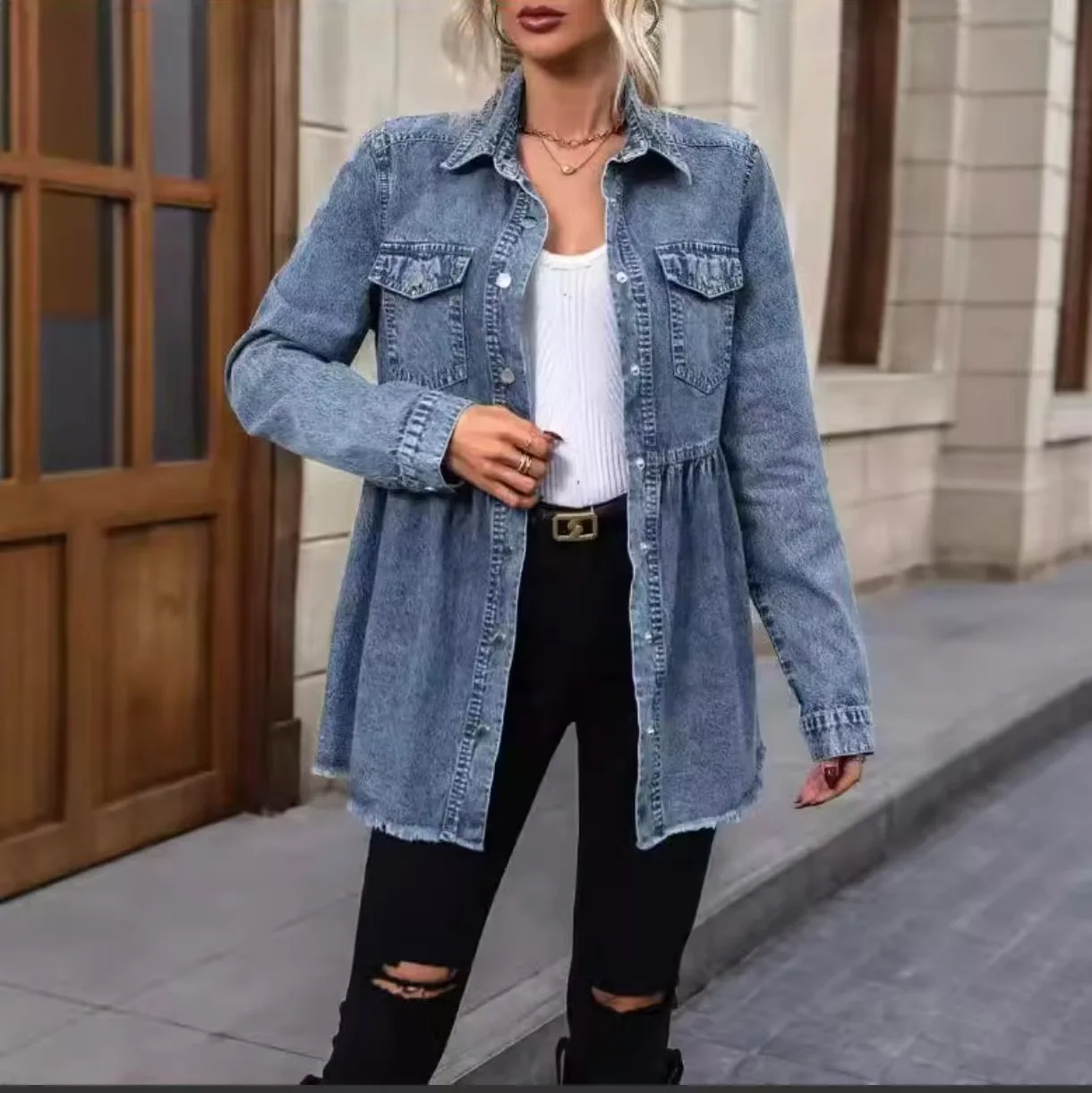 Women's jacket 2026 new hot selling European and American women's long sleeved solid color lapel pleated denim jacket