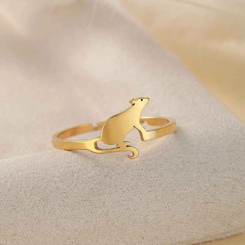 Kinitial Cute Animal Mouse Rings Women Stainless Steel Jewelry Cartoon Adjustable Knuckle Ring Bague