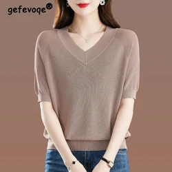 Women's Clothing Summer Fashion V Neck Short Sleeve Elegant Ice Silk Knitted T-shirts Simple Casual Solid Loose All Match Tops