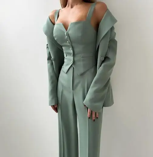 طقم سراويل أنيقة للنساء 2025 ربيع/صيف أحدث التنقل مزاجه متعدد الاستخدامات التخسيس بلون البدلة ثلاث قطع مجموعة